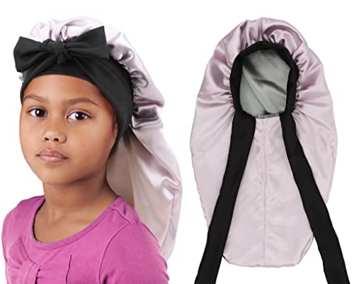 Brcok Kids Braid Long Bonnet Girls Satin Bonnet Sleeping Cap Double Layer With Tie Band Silk Hair Bonnet For Toddler Child (Kids Long Pink) #TOP1