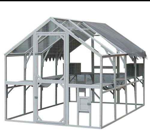 Large Outdoor Cat Enclosure, 111.5 x 73 x 72.5 inches, Walk-in Cat House with Platforms, Gray