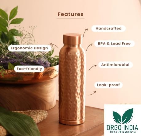 Miniatura 2 de Pure Copper Orgo - Botella de agua martillada con protección avanzada a prueba de fugas y sin articulaciones, Ayurveda y beneficios para la salud.