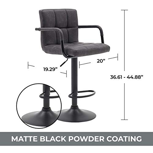 Halter Modern Bar Stool with Armrest, Counter Height Bar Chair, Vinyl, Matte Black Powder Coating, Set of 2 (Light Gray) - Thumbnail 7