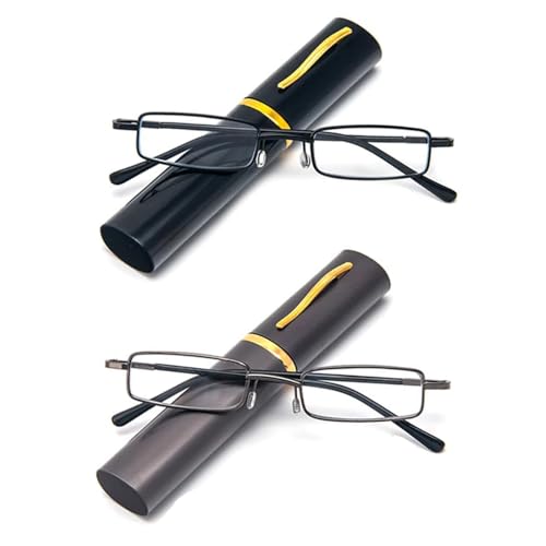 Hubeye 2 Pairs Slim Portable Reading Glasses for Men Women Metal Pocket Readers Glasses Lightweight Compact Blue Light Blocking Glasses in Tube Case 1.50