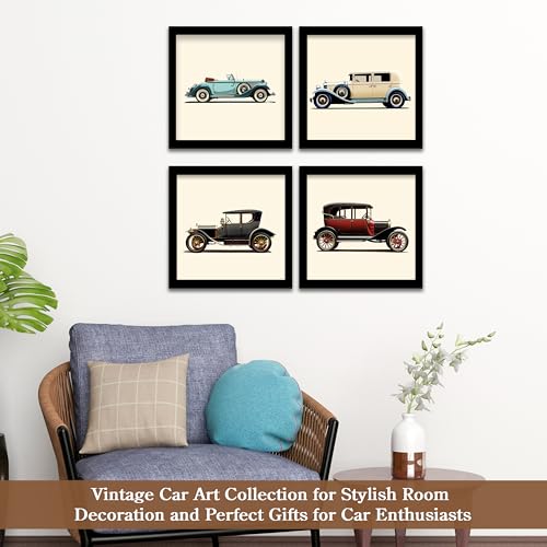 Image of Rousrie Vintage Car Wall Art Framed Posters, Set of 4, Multi Colour, Modern Style Decorative Paintings for Living Room
