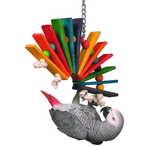 Super Bird Creations SB702 Peacock Sr. Bird Toy - Kiln Dried Pine Wood Slats, Hardwood Beads, 100% Cotton Rope - Ideal for Parrots, African Greys - Boredom Relief - Large Bird Size - 14” x 11” x 1.5”