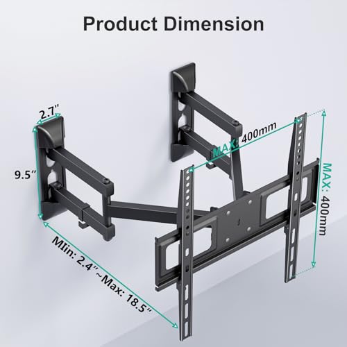 Image of WALI Corner TV Wall Mount for 26-55 inch Flat Curved TVs, Full Motion Corner Bracket for LED, LCD, OLED Screens up to 110lbs, 400x400mm Mounting Holes, Black
