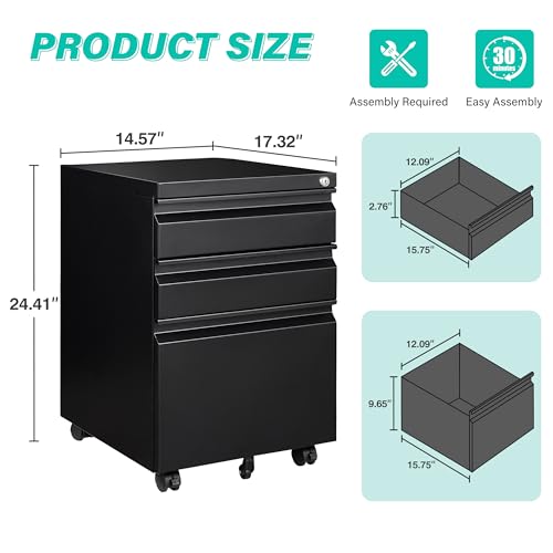 Image of 3 Drawer File Cabinet with Lock,Under Desk File Cabinet with Wheels,Black Rolling Filing Cabinets,Three Drawer Metal Filing Cabinet for Home Office,Fit A4 /Letter /Legal File,- Assembly Required