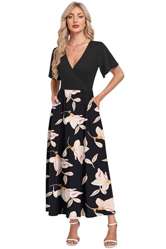 AUSELILY Boho Kleid Damen Lang Bodenlang Hohe Taille Lässiges Lockeres Sommerkleid mit Taschen Schwarz Prunkwinde S 6
