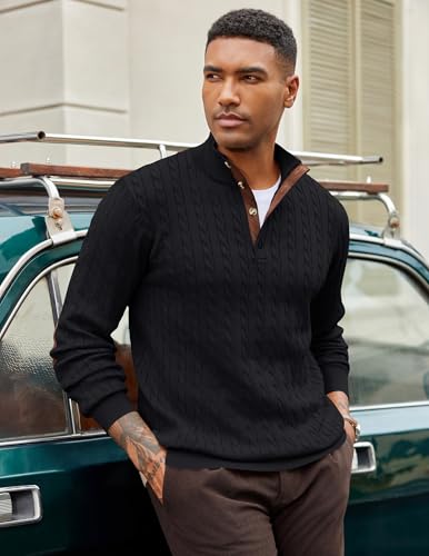 COOFNDY Mens Cable Knitted Pullover Sweaters Casual Long Sleeve Stand Collar Button Up Knit Sweaters3