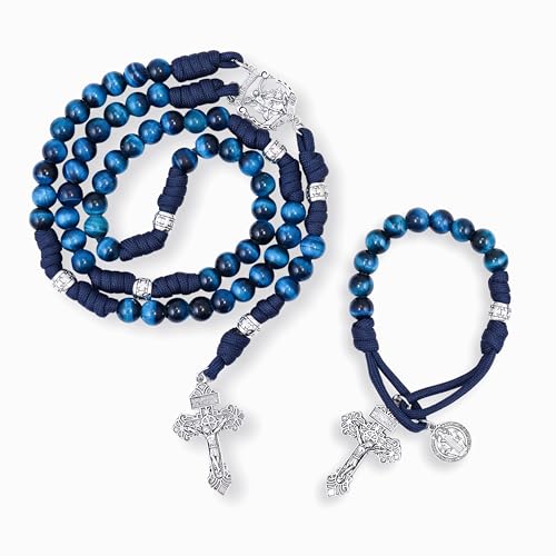Nazareth Store St Michael Paracord Rosary, Rugged Rosary Necklace and One Decade Heavy Duty Rosary Set, Natural Stone Beads with Catholic Pardon Crucifix