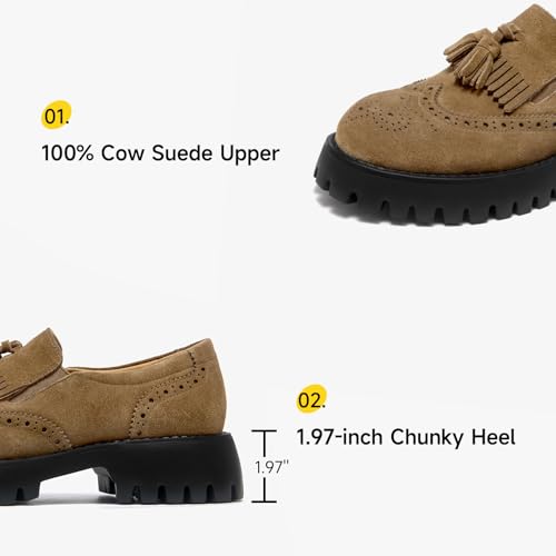Image of BEAU TODAY Chunky Loafers for Women, Women's Leather Platform Loafers, Lug Sole Tassel Slip On Loafers Shoes Brogues Wingtip Casual Business Shoes Comfortable Dressy
