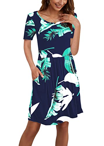 Image of AUSELILY Women's Short Sleeve Pleated Swing Summer Dress with Pockets | Knee-length short sleeve dress, empire waist & pockets, ideal for casual daily wear and vacation