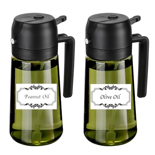 RFetomax Oil Sprayer for Cooking-2 in 1 Olive Oil Dispenser, 16oz/470ml Light Blockage Green Bottle for Air Fryer, BBQ,Salad, Frying, Barbecue (2Green Bottle Black Cap)