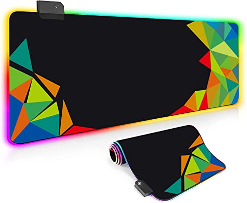 Gaming Mouse Pads Abstract Artistic Colorful Geometric Pattern RGB Gaming Mouse Pad Soft Non-Slip Rubber Base Black LED Mouse Mat for Laptop Computer Pc Game,11.8inX27.8in