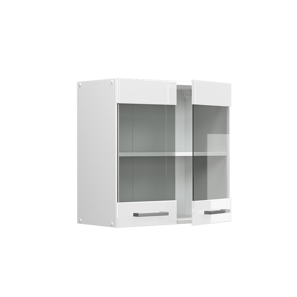 Vicco Armario de Cocina con Vidrio R-Line, Blanco Alto Brillo, 60 cm, para combinación Libre Dentro de Sistemas de Cocina modulares