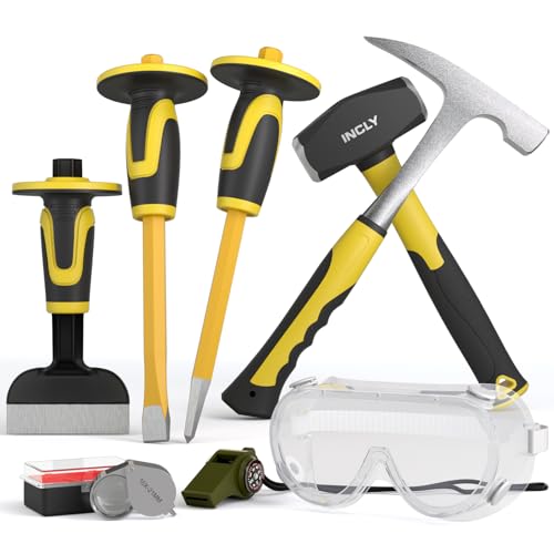 INCLY 8PCS Geology Rock Pick Equipment Kit 3lb Sledge & 32oz Rock Hammer with 3PCS Concrete Chisel Safety Goggles Jewelers Loupe Rock Hounding Equipment for Splitting GoldMining Stone Breaking
