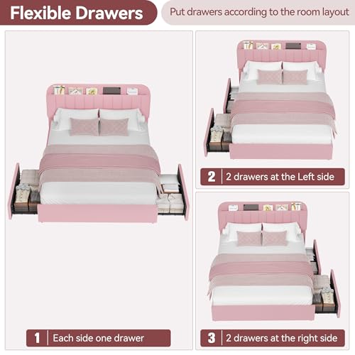 GarveeHome Pink Full Bed Frame with Storage Headboard, Girls Bed Frame with 2 Drawers, Boucle Upholstered Platform Bed with Bookcase, No Box Spring Needed, Easy Assembly, Pink