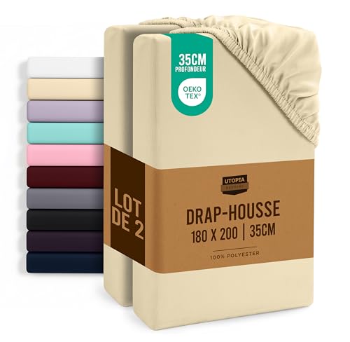 Utopia Bedding Lot de 2 Drap Housse - Beige, 180 x 200 cm - Coupes de 35 cm pour Matelas épais - Microfibre brossée