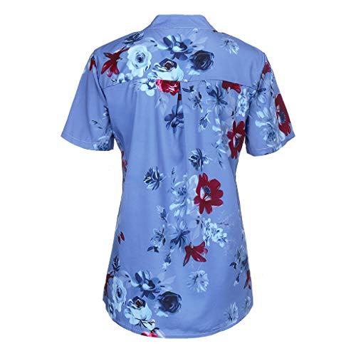 Womens Loose Plus Size Floral Print T-Shirt Tee S-5XL,Ruffle Short Sleeve V-Neck Basic Top Fashion Style for Laides and Girl (Bluec, L)