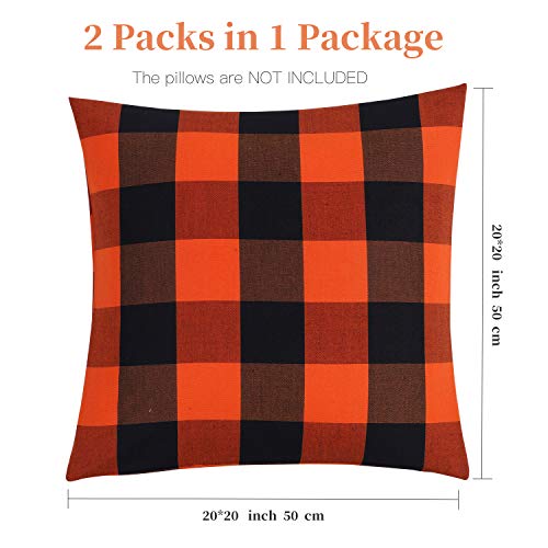 Pack Of 2 Buffalo Checkered Plaid Pillow Covers 20"X 20" Classic Orange And Black Polyester Cotton Soft Throw Pillow Covers Decorative For Farmhouse Couch, Bed, Sofa (Orange And Black, 20 X 20 Inch) #TOP1