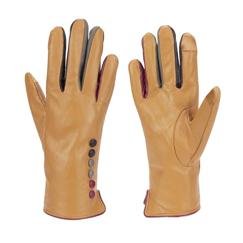 Vera Tucci Damen Lederhandschuhe - Winterhandschuhe mit Touchscreen Finger, Fäustlinge, Senffarben, L-XL