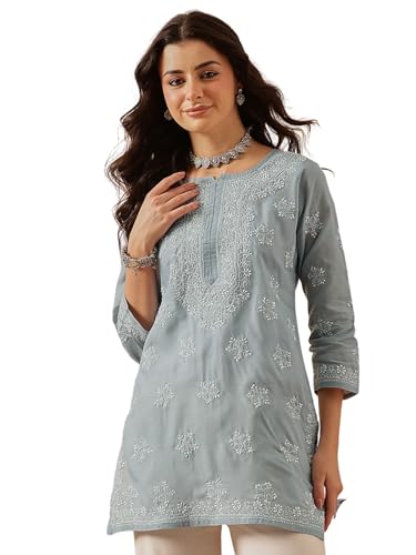 Image of Ada Hand Embroidered Lucknow Chikankari Straight Round Neck Cotton Blend Short Kurti Tunic Top for Women A911333