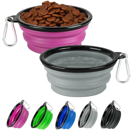 Collapsible Dog Bowl 2 Pack Dog Water Bowls for Travels Portable Foldable Pet Bowls Feeding Watering Dish for Parking Walking Camping with 2 Carabiners Clip (12oz Small Grey+Purple)
