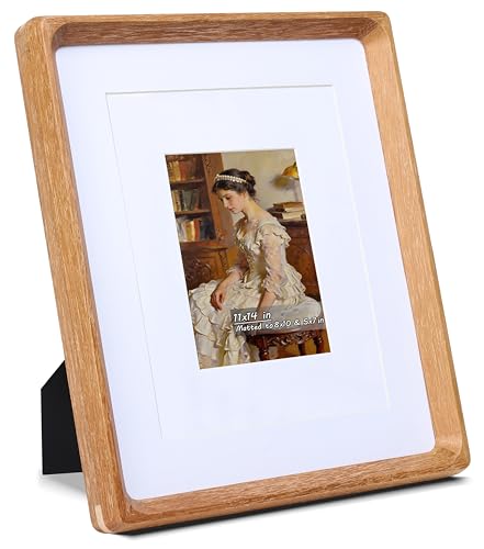 Image of 11x14 Picture Frame with Mat for 5x7 /8x10, USA-Sourced Natural Teak Wood Handcrafted Rounded Corner with Real Glass, Vertical or Horizontal Display Photo Gallery Wall & Tabletop Frame