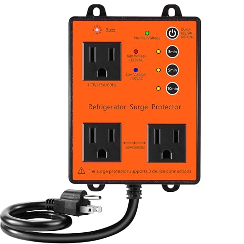 Refrigerator Surge Protector, 3 Outlet Voltage Surge Protector for Home Appliances with Time Delay, Protects Against Brownout, Spike, Instant Surge All Voltage Abnormalities