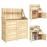 Outsunny Armoire de Jardin en Bois avec Plan de Travail en Métal Galvanisé - Table de Rempotage avec Tiroir et Étagère - Abri de Jardin Extérieur pour Terrasse Balcon, 100x45x129,5cm, Naturel