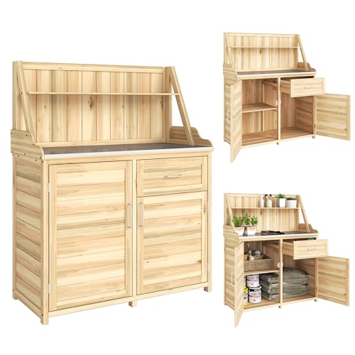 Outsunny Armoire de Jardin en Bois avec Plan de Travail en Métal Galvanisé - Table de Rempotage avec Tiroir et Étagère - Abri de Jardin Extérieur pour Terrasse...