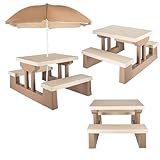 COIL Salon de jardin, table pour enfant avec parasol, groupe de sièges polyvalents, table de pique-nique pour enfants à partir de 3 ans (marron)