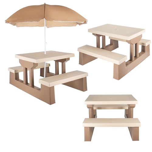 COIL Mobilier de jardin pour enfants - Table avec parasol et bancs intégrés - Ensemble de mobilier de plein air pour enfants à partir de 3 ans