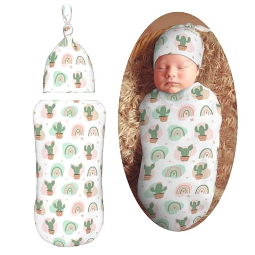 Image of Cactus On Summer Newborn Swaddle Blankets Hat Sets Soft Baby Receiving Blanket Swaddle Sack for Baby Shower Infant Boy Girl Gift