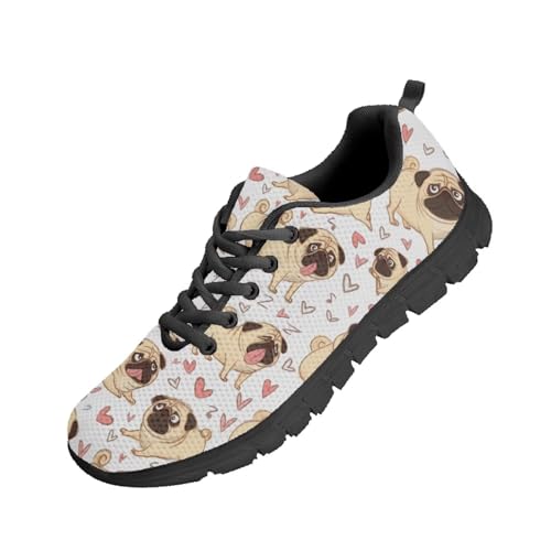 SYtrade Pug Love White Mens Tennis Shoes Lightweight Lace Up Running Sneaker Black Sole