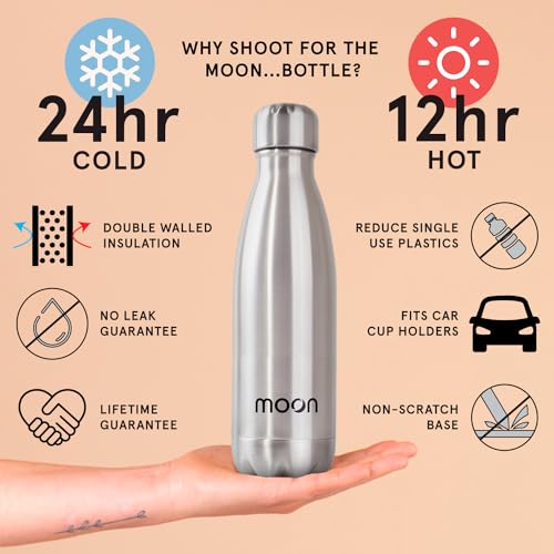 Moon Bottles - Insulated Water Bottle That Lasts Forever - 18/8 Stainless Steel Vacuum Flask - Double Walled Drink Bottle - Thermal Metal Flasks, Leakproof, 24hrs Cold & 12 Hot (260ml, Silver) Moon Bottles - Insulated Water Bottle That Lasts Forever - 18/8 Stainless Steel Vacuum Flask - Double Walled Drink Bottle - Thermal Metal Flasks, Leakproof, 24hrs Cold & 12 Hot (260ml, Silver)