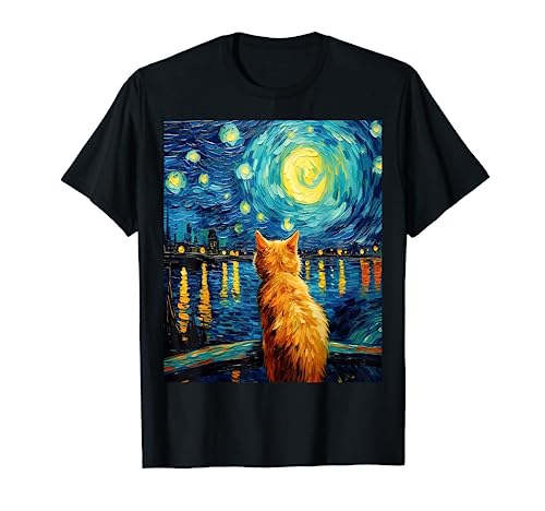 Funny cat art painting Cat Lover Starry Night Cat Van Gogh Camiseta
