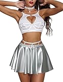 Avidlove Women's Lingerie Set Faux Leather Skirt Sexy Strappy Lingerie Babydoll Nightgown White and Silver Medium