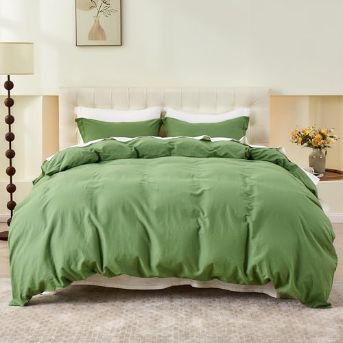 Simple&Opulence French Linen Duvet Cover Set 68" x 86"- 2 Pieces (1 Comforter Cover,1 Pillowcase)- Natural Flax Cotton Blend-Solid Color Breathable Farmhouse Bedding- Khaki Green, Twin