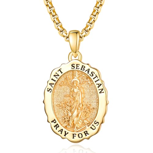 TANGPOET St Sebastian Medal Pendant Necklace for Men Women Gold Plated 925 Sterling Slver Saint Prayer Catholic Religious Jewelry Gifts