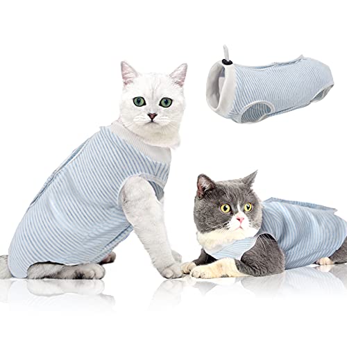 Cat Wound Surgery Recovery Suit for Abdominal Wounds or Skin Diseases, después de la Surgery Wear, Pajama, E-Collar Alternativa para Gatos y Perros (M, Stripe Blue) Cover