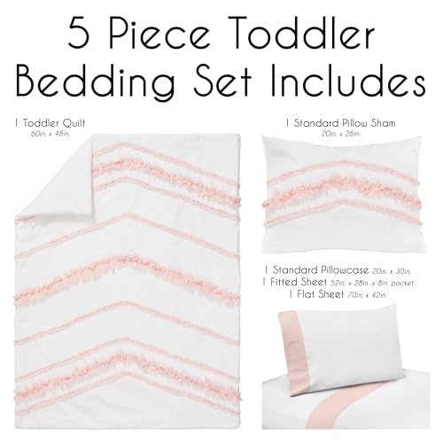 Image of Sweet Jojo Designs 5-Piece Toddler Bedding Set (Pink Cotton Boho Bohemian) for Girls, Kids incl. Bed in a Bag Comforter, Blanket, Pillowcase, Sham & Sheets (Blush, Farmhouse Shabby Chic, Macrame Tuft)