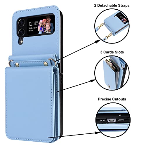 Ksridote For Samsung Galaxy Z Flip 4 Case With Card Holder Strap Lanyard, Samsung Z Flip 4 Case Wallet Galaxy Z Flip 4 Wallet Phone Case Crossbody Phone Case Cover Purse For Women, Light Blue #TOP1