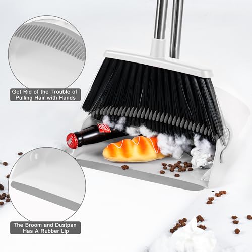 Image of Broom and Dustpan Set, 52 inch Adjustable Handle Broom, White | Dustpan Self-Cleaning Teeth for Hair, 52 inch Long Handle Standing dustpan,Suitable for Home Kitchen Office Hall Floor