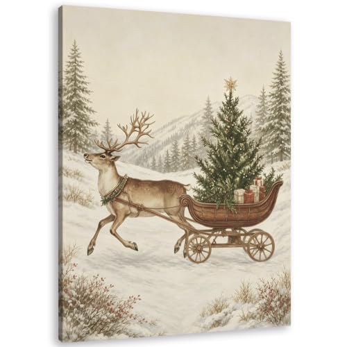TLESKE Vintage Christmas Tree Reindeer Sleigh Canvas Wall Art Decor 11x14