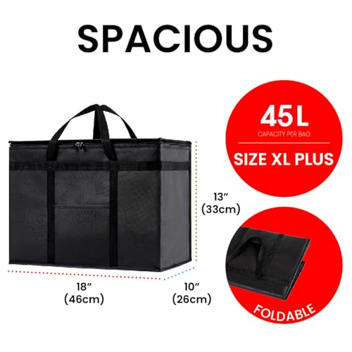 Image of Insulated Bags for Food Delivery (XL Plus) Grocery Shopping Cooler Bag, Pizza Delivery, Hot & Cold Catering Tote, Reusable, Foldable & Heavy Duty (2 Pack, Green)