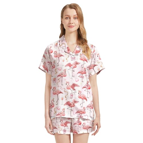 Image of Silk Satin Pajama Set for Women Summer Lounge Pjs Sets 2 Piece Suit Ladies Button Down Tops And Shorts Sleepwear