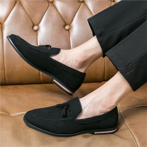 Round Toe Suede Vamp with Tassel Loafer Men's Slip on Casual Non-Slip Low Block Heel Work Shoes4