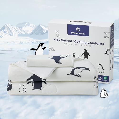 Dream Valley® Outlast® Cooling Kids Comforter with 1 Pillowcase Set, NASA-Grade Technology Cooling Blanket for Toddler, Q-Max > 0.45 Aerocool Soft and Cool, Antarctic Penguin, 50 * 70