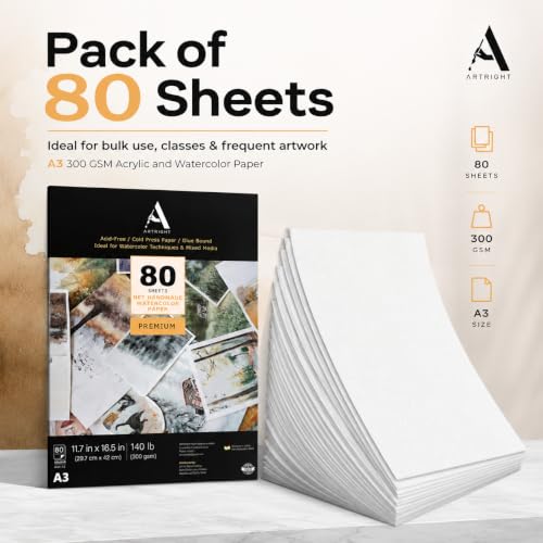 Image of ArtRight Artists' Acrylic Paper (A3 Pack of 80 Sheets, 300 GSM); 300 GSM Handmade Sheets for Gouache & Mixed Media Paintings