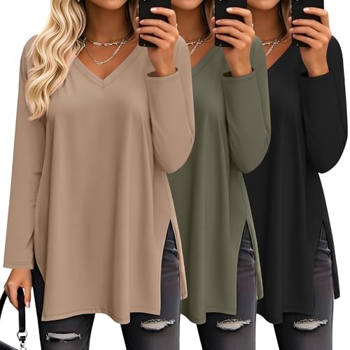 Huukeay 3 Pack Womens Oversized Long Sleeve T Shirts V Neck Knit Casual Workout Tunic Tops Side Split Loose Basic Tees