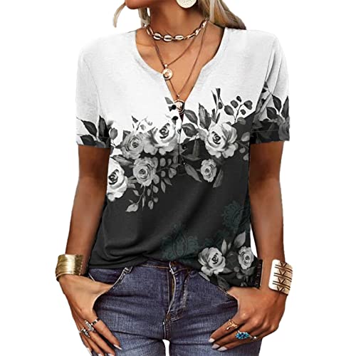 Camiseta feminina de manga curta com estampa de flores, túnica casual, ajuste solto, gola de botão,